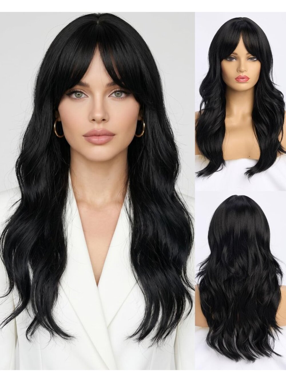 Women's Black 26 Inch Long Layered Heat Resistant Synthetic Wavy Hair Wigs